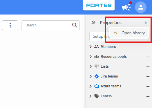 Open history option in the Properties panel menu