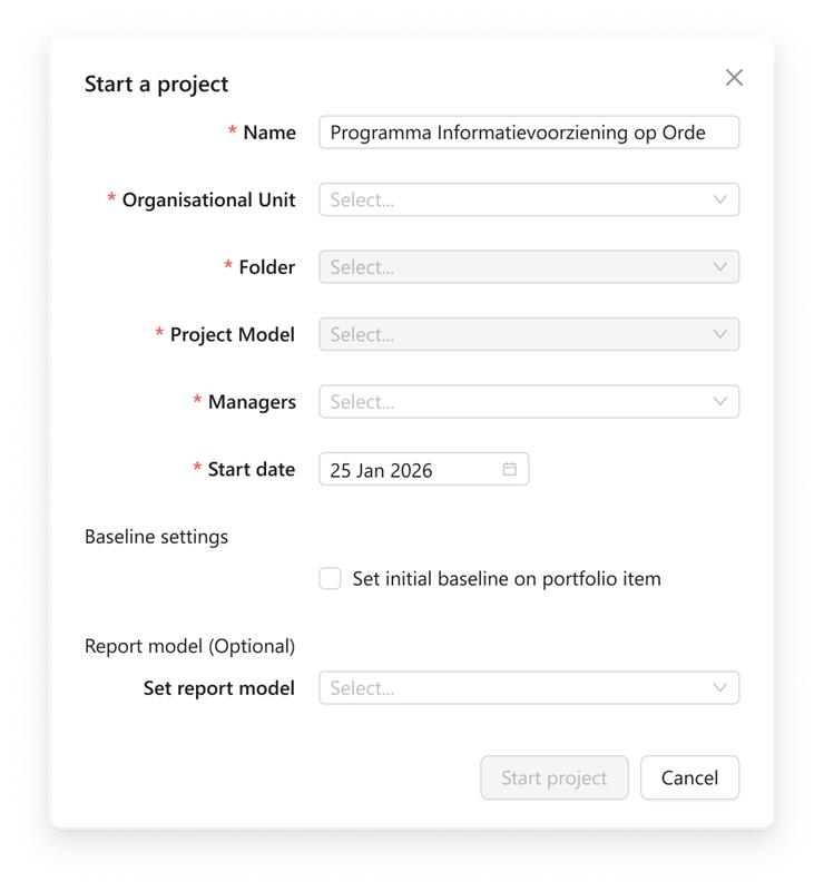 Start project dialog with report model selection