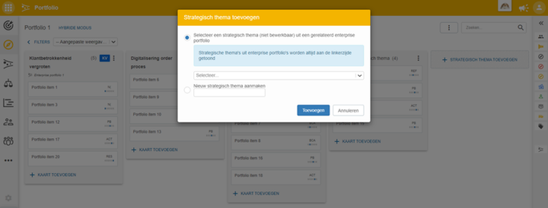 Dialog for adding a Strategic Theme, with option to select from enterprise portfolio or create new