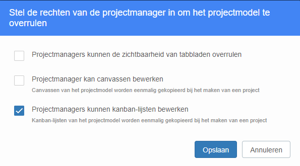 Project model settings with Kanban list editing permission