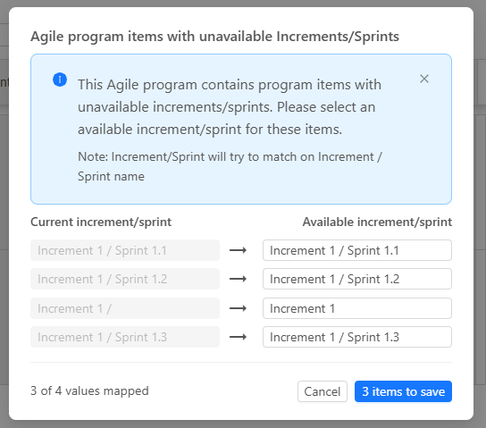 Migration dialog for mapping old increments to model increments