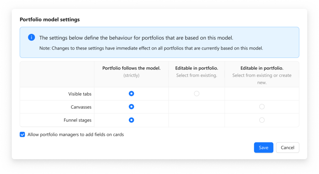 Model configuration with fields on cards toggle