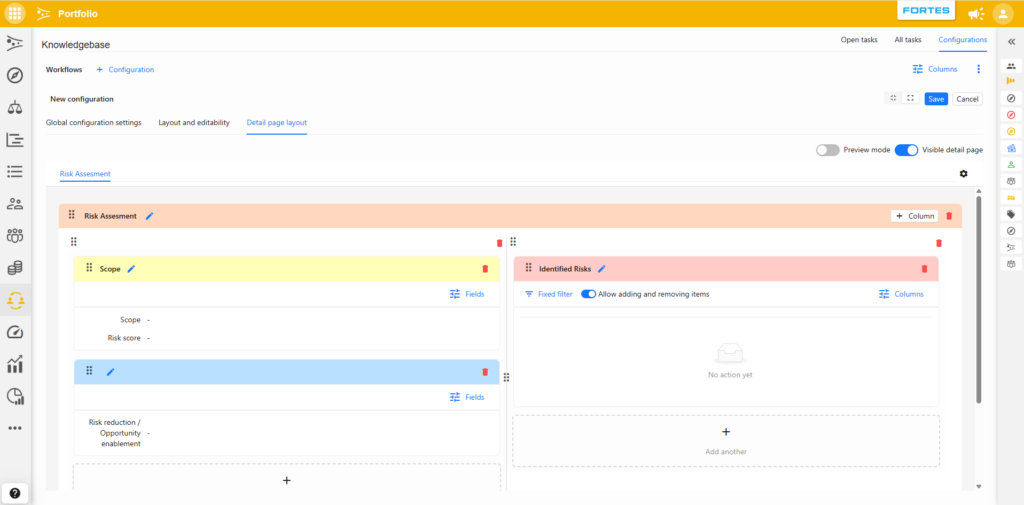 Page Layout Editor showing tab-based layout with sections and segments