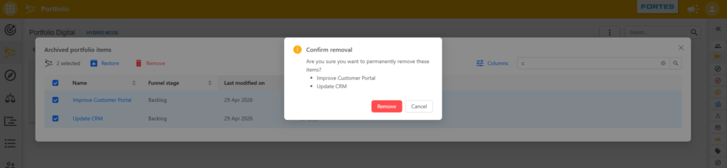 Confirmation dialog before permanently removing archived items