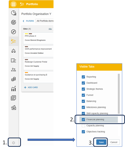 Activating the Financial planning tab via the Visible Tabs settings