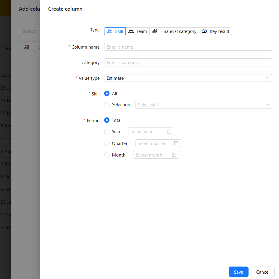 The Create column dialog for configuring a period-based column