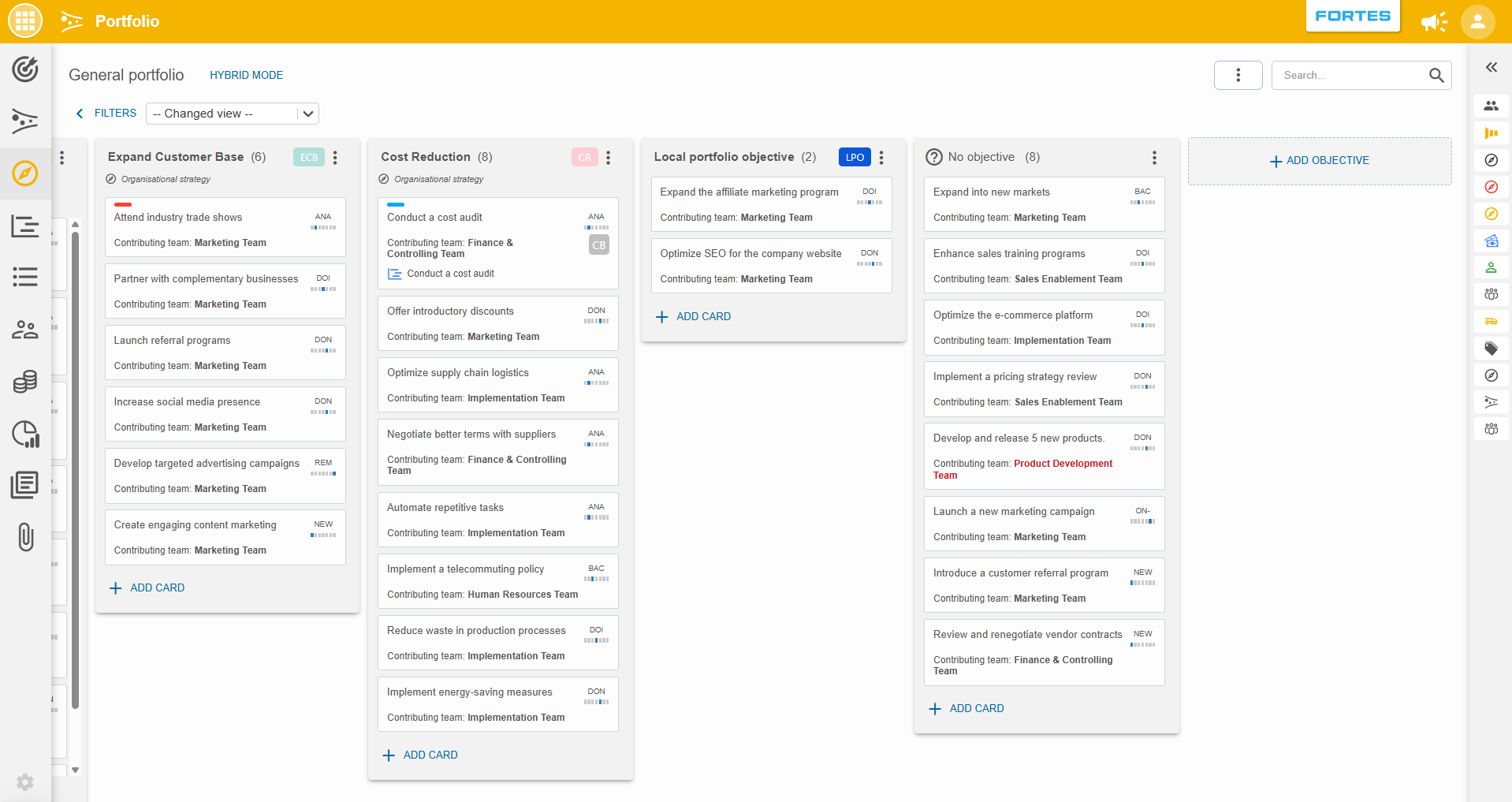 The Objectives tab showing portfolio items organized by objective in a Kanban view