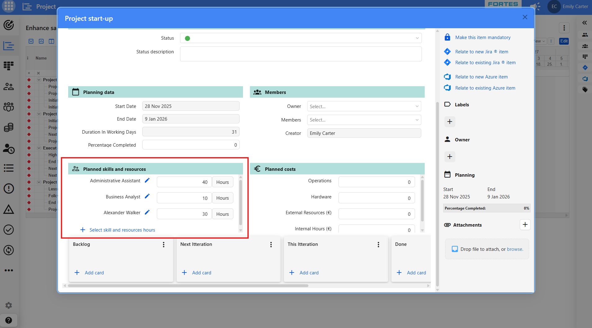 Planned skills and resources segment on a plan item's canvas
