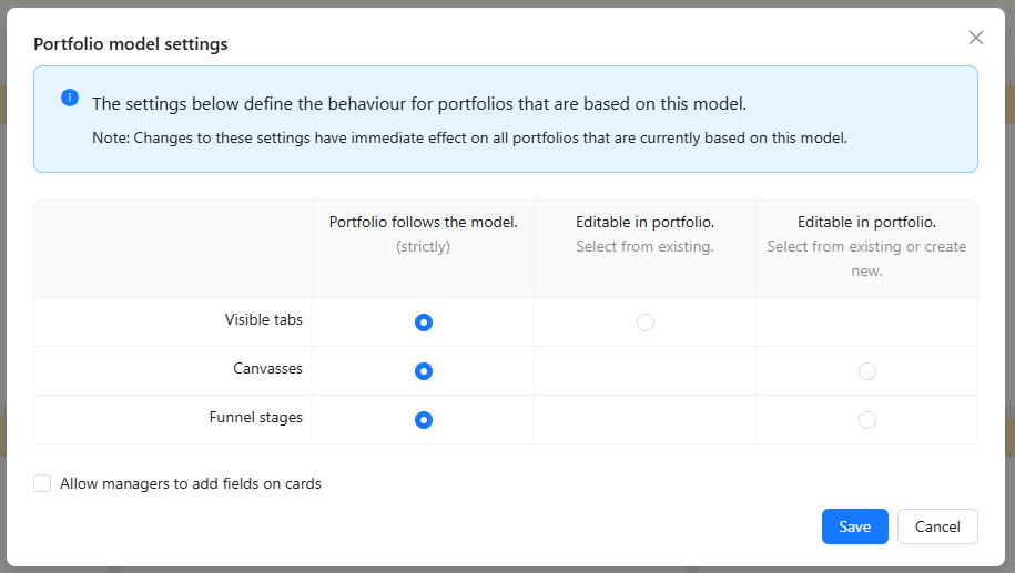 Portfolio model settings panel with the follow-model, select-existing, and create-new permission columns