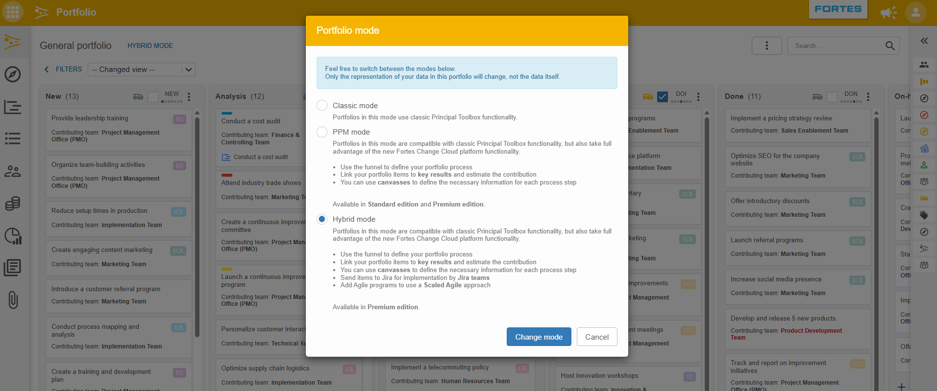 The Portfolio mode selection dialog