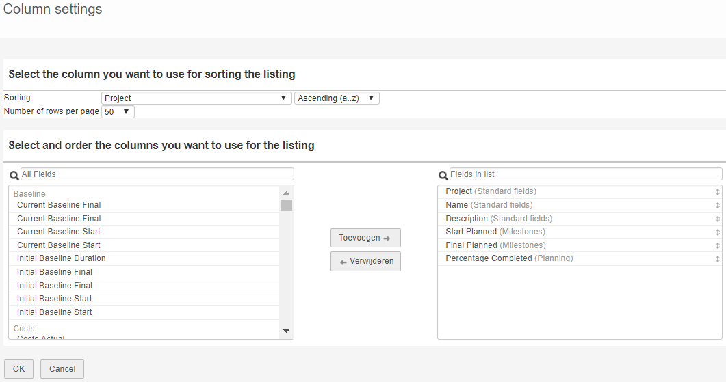 Set Columns dialog showing available fields and fields in list