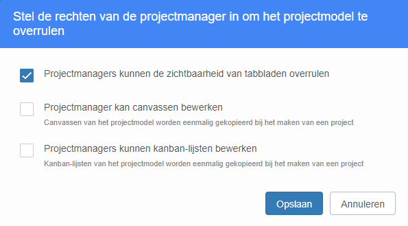 Projectmodelinstellingen met recht op zichtbaarheid van tabbladen