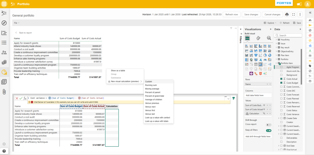 Een visuele calculatie die wordt toegevoegd aan een Power BI-visual in een embedded dashboard