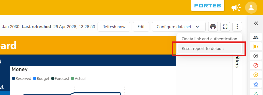 Kebab menu op de dashboardtab met de optie Rapport terugzetten op standaard
