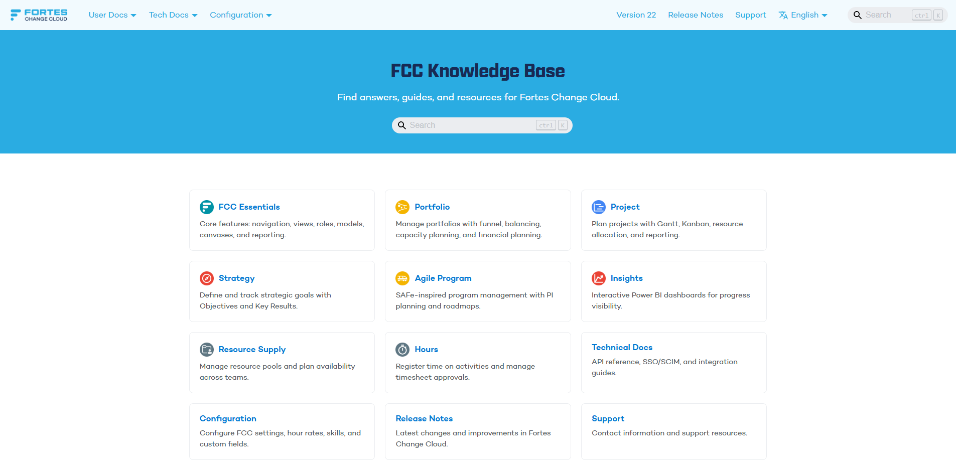 Startpagina van de kennisbank met de taalkiezer en zoekfunctie in de header, de links naar versie en release notes, en kaarten per documentatieonderwerp