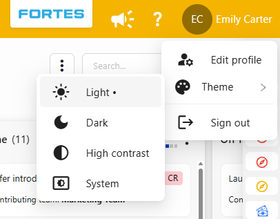 Submenu Thema in het gebruikersmenu, met Licht, Donker, Hoog contrast en Systeem