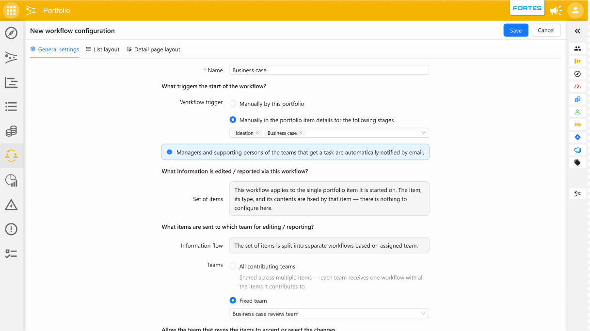Workflowconfiguratiescherm met de funnelfase-specifieke Workflowtrigger geselecteerd, een meervoudige selectie van funnelfases met Ideation en Business case, de sectie Set of items vervangen door een scope-toelichting, en de Teams-opties met Fixed team geselecteerd