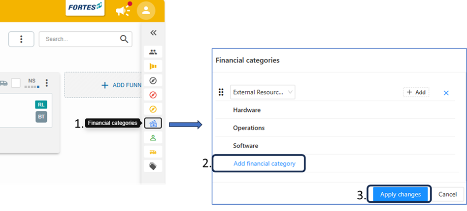 Het paneel Financiële categorieën met het toevoegen van categorieën aan een portfolio