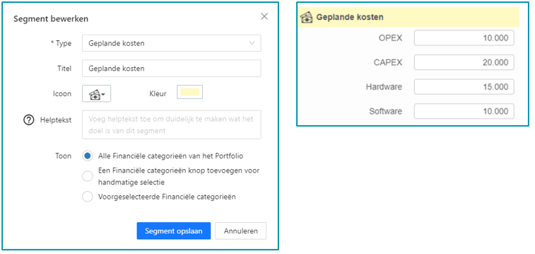 The Edit segment dialog for a Planned costs segment, showing financial category display options and a preview
